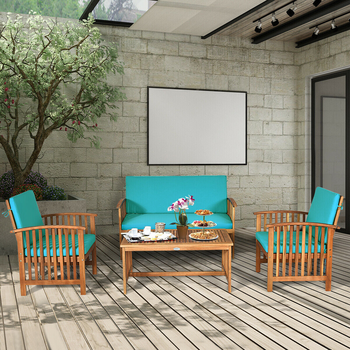 4 Piece Patio Solid Wood Furniture Set, Blue Patio Conversation Sets at Gallery Canada