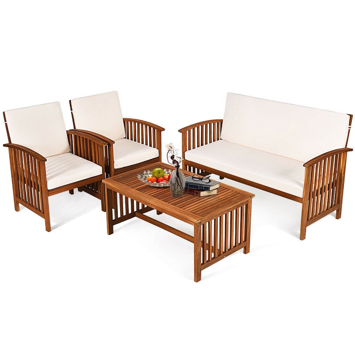 4PCS Patio Solid Wood Furniture Set, Beige Patio Conversation Sets at Gallery Canada