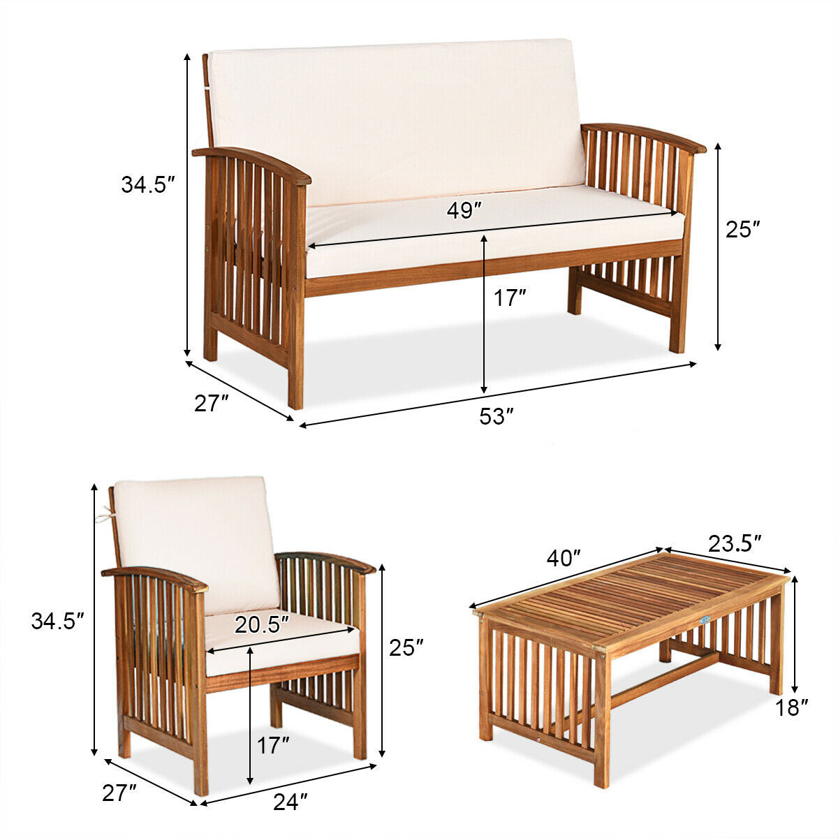 4PCS Patio Solid Wood Furniture Set, Beige Patio Conversation Sets at Gallery Canada
