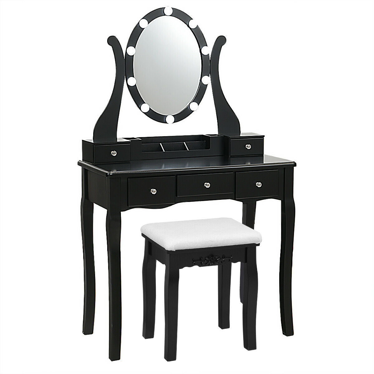 10 Dimmable Lights Vanity Table Set, Lighted Mirror, Cushioned Stool, Black Makeup Vanities at Gallery Canada