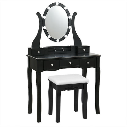 10 Dimmable Lights Vanity Table Set, Lighted Mirror, Cushioned Stool, Black Makeup Vanities at Gallery Canada