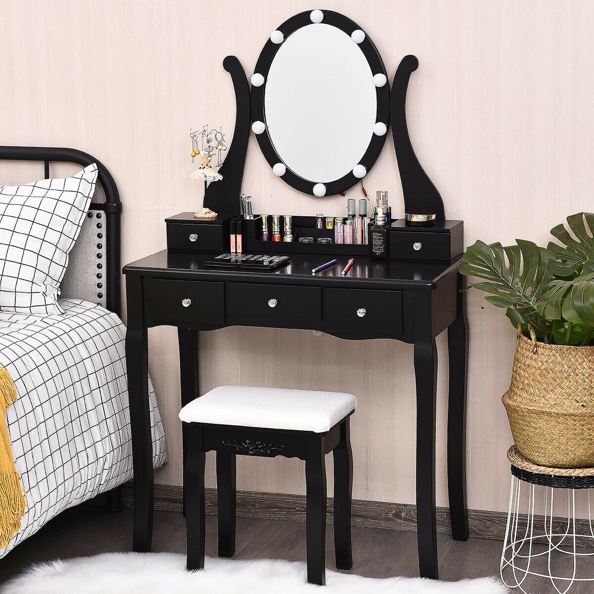 10 Dimmable Lights Vanity Table Set, Lighted Mirror, Cushioned Stool, Black Makeup Vanities at Gallery Canada