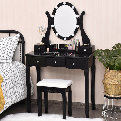 10 Dimmable Lights Vanity Table Set, Lighted Mirror, Cushioned Stool, Black Makeup Vanities at Gallery Canada