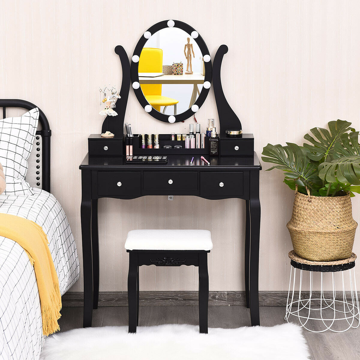 10 Dimmable Lights Vanity Table Set, Lighted Mirror, Cushioned Stool, Black Makeup Vanities at Gallery Canada