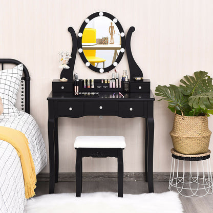 10 Dimmable Lights Vanity Table Set, Lighted Mirror, Cushioned Stool, Black Makeup Vanities at Gallery Canada