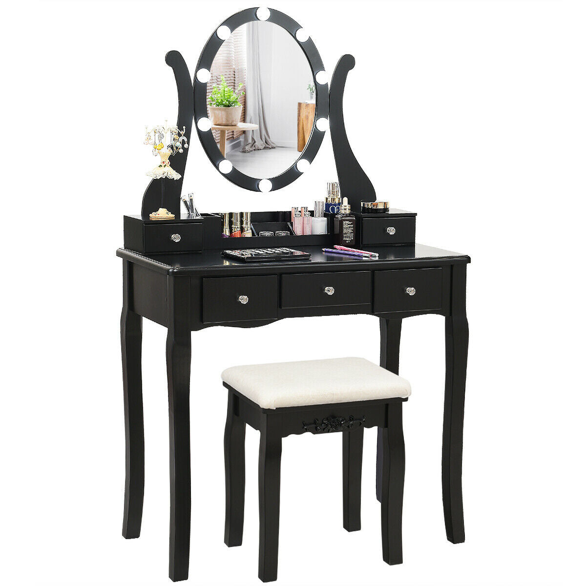 10 Dimmable Lights Vanity Table Set, Lighted Mirror, Cushioned Stool, Black Makeup Vanities at Gallery Canada