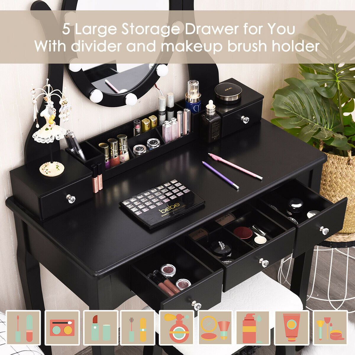 10 Dimmable Lights Vanity Table Set, Lighted Mirror, Cushioned Stool, Black Makeup Vanities at Gallery Canada