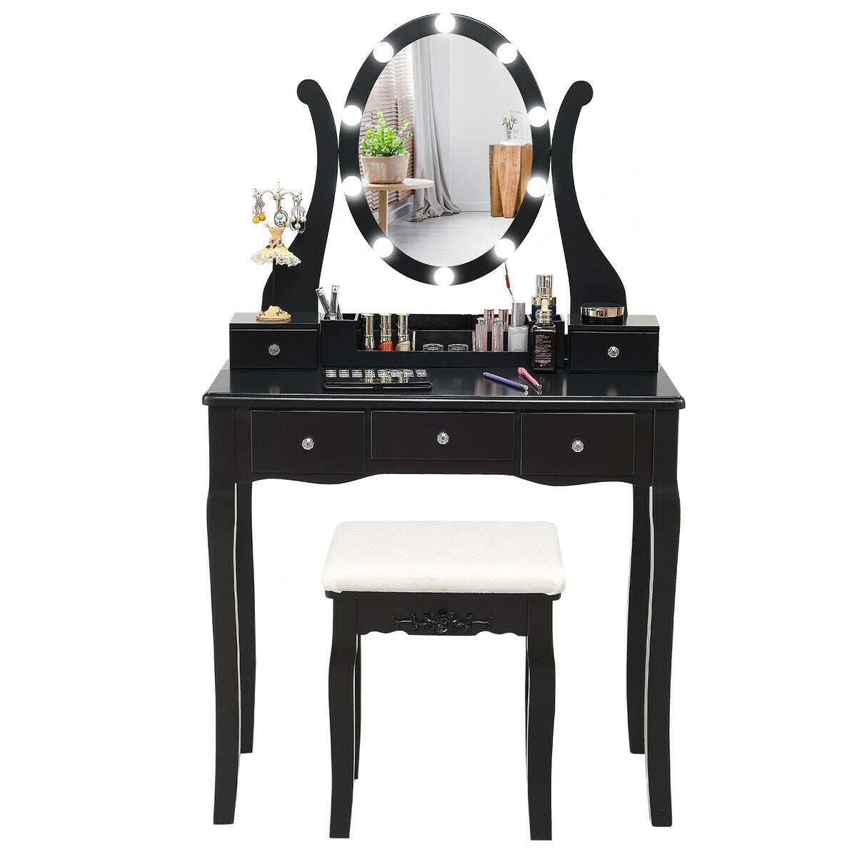 10 Dimmable Lights Vanity Table Set, Lighted Mirror, Cushioned Stool, Black Makeup Vanities at Gallery Canada