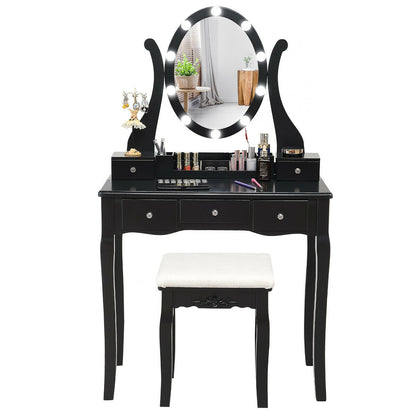 10 Dimmable Lights Vanity Table Set, Lighted Mirror, Cushioned Stool, Black Makeup Vanities at Gallery Canada
