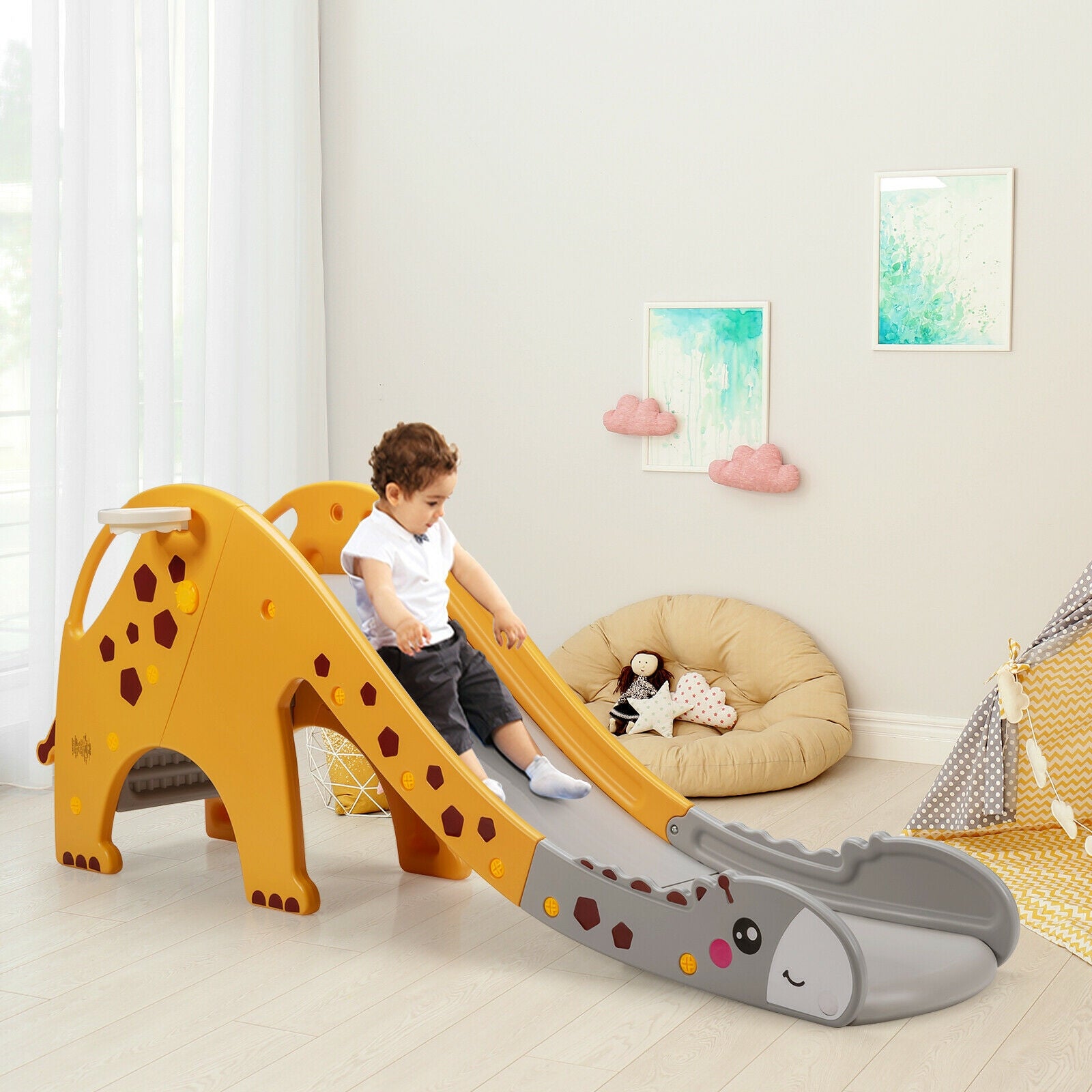 3-in-1 Kids Climber Slide Play Set, Basketball Hoop, Yellow Climbers & Slides at Gallery Canada