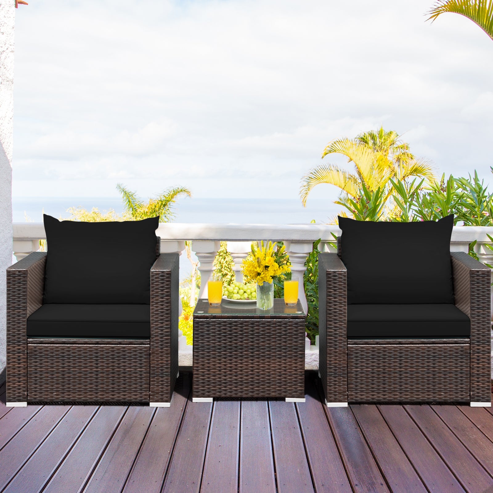 3 Pcs Patio Rattan Furniture Set, Black Patio Conversation Sets at Gallery Canada