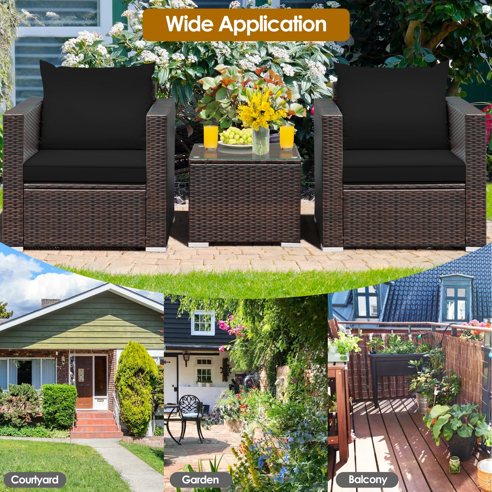 3 Pcs Patio Rattan Furniture Set, Black Patio Conversation Sets at Gallery Canada