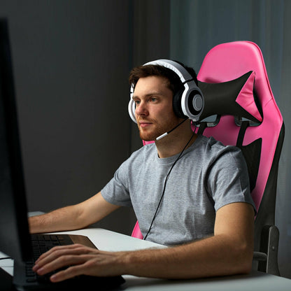 PU Leather Gaming Chair, USB Massage Lumbar Pillow, Footrest, Pink Gaming Chairs at Gallery Canada