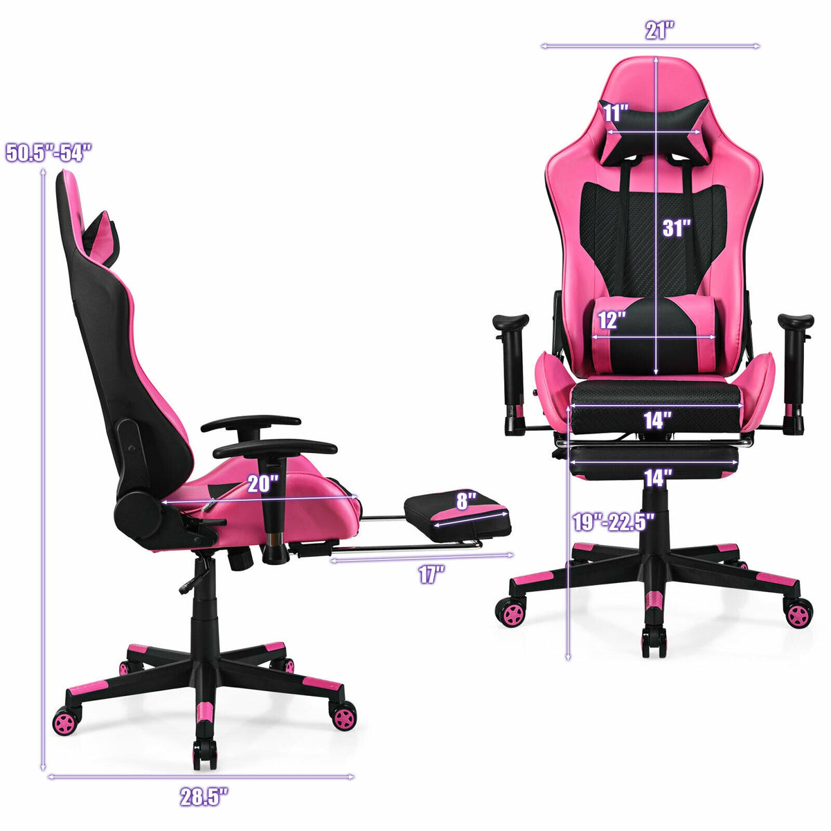 PU Leather Gaming Chair, USB Massage Lumbar Pillow, Footrest, Pink Gaming Chairs at Gallery Canada