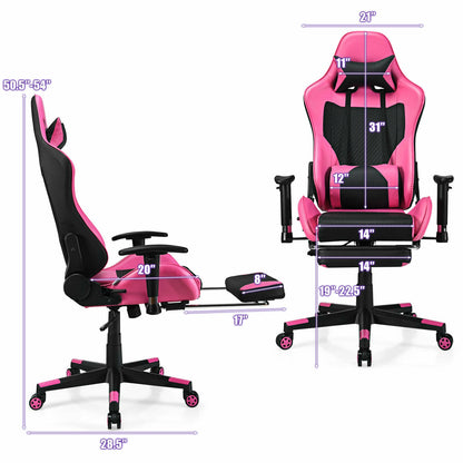 PU Leather Gaming Chair, USB Massage Lumbar Pillow, Footrest, Pink Gaming Chairs at Gallery Canada