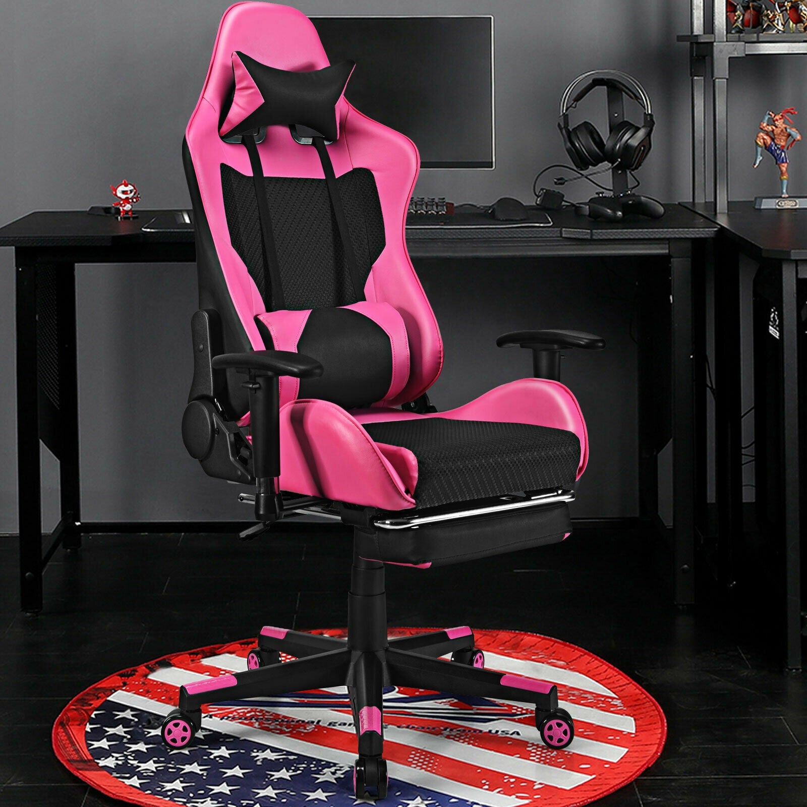 PU Leather Gaming Chair, USB Massage Lumbar Pillow, Footrest, Pink Gaming Chairs at Gallery Canada