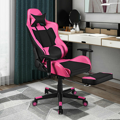 PU Leather Gaming Chair, USB Massage Lumbar Pillow, Footrest, Pink