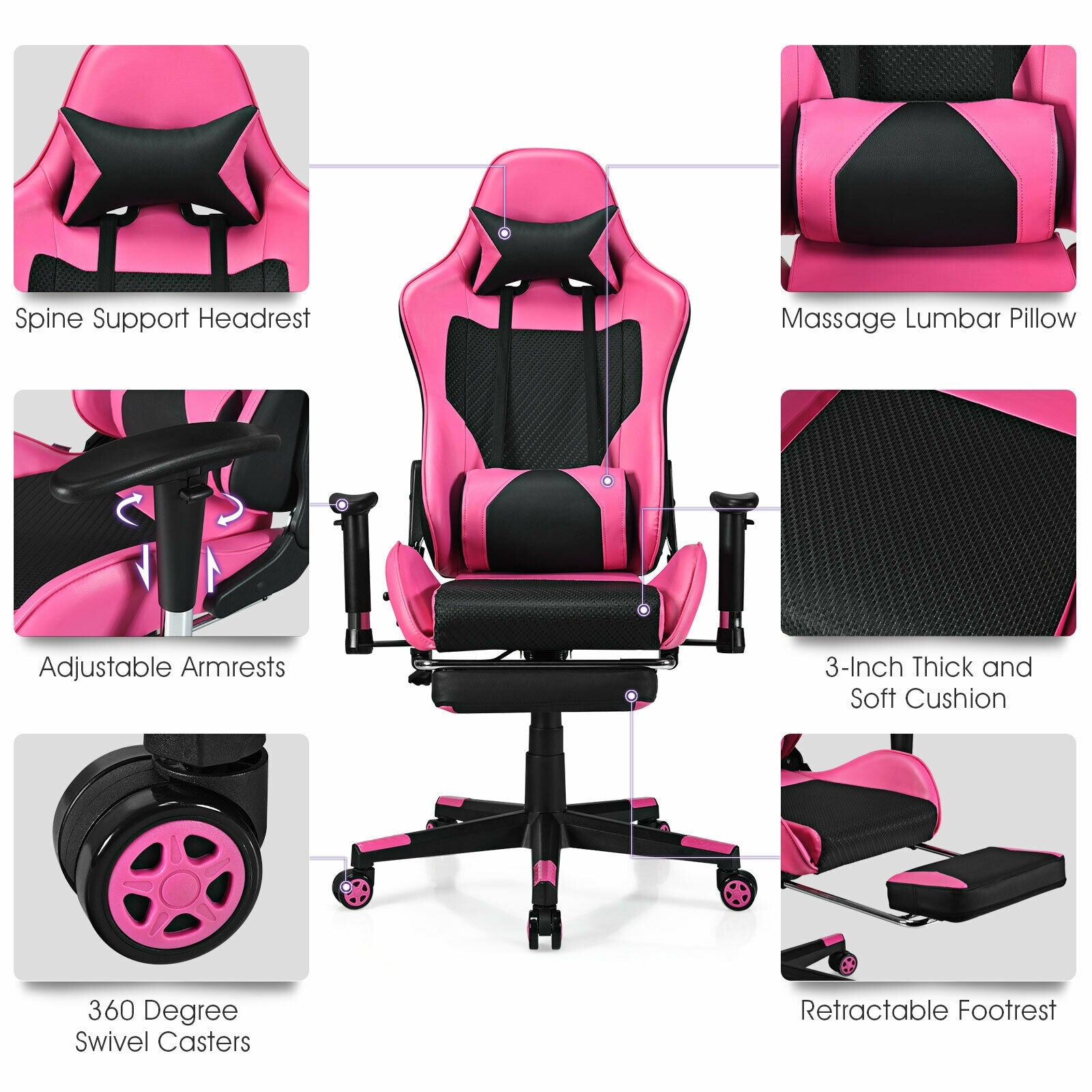 PU Leather Gaming Chair, USB Massage Lumbar Pillow, Footrest, Pink Gaming Chairs at Gallery Canada