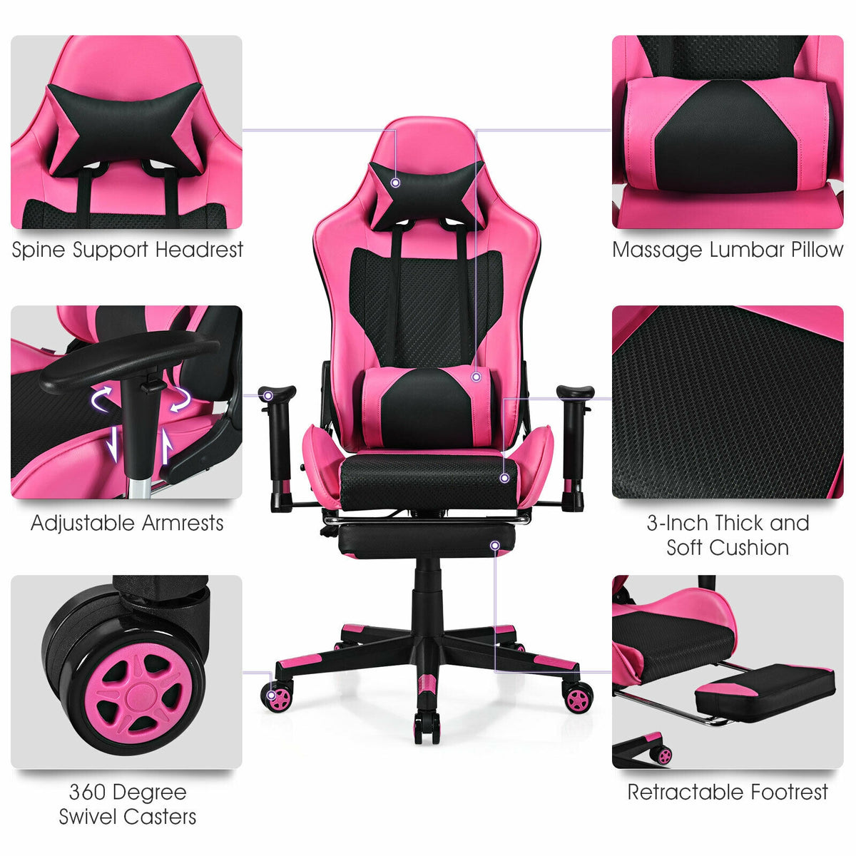 PU Leather Gaming Chair, USB Massage Lumbar Pillow, Footrest, Pink Gaming Chairs at Gallery Canada