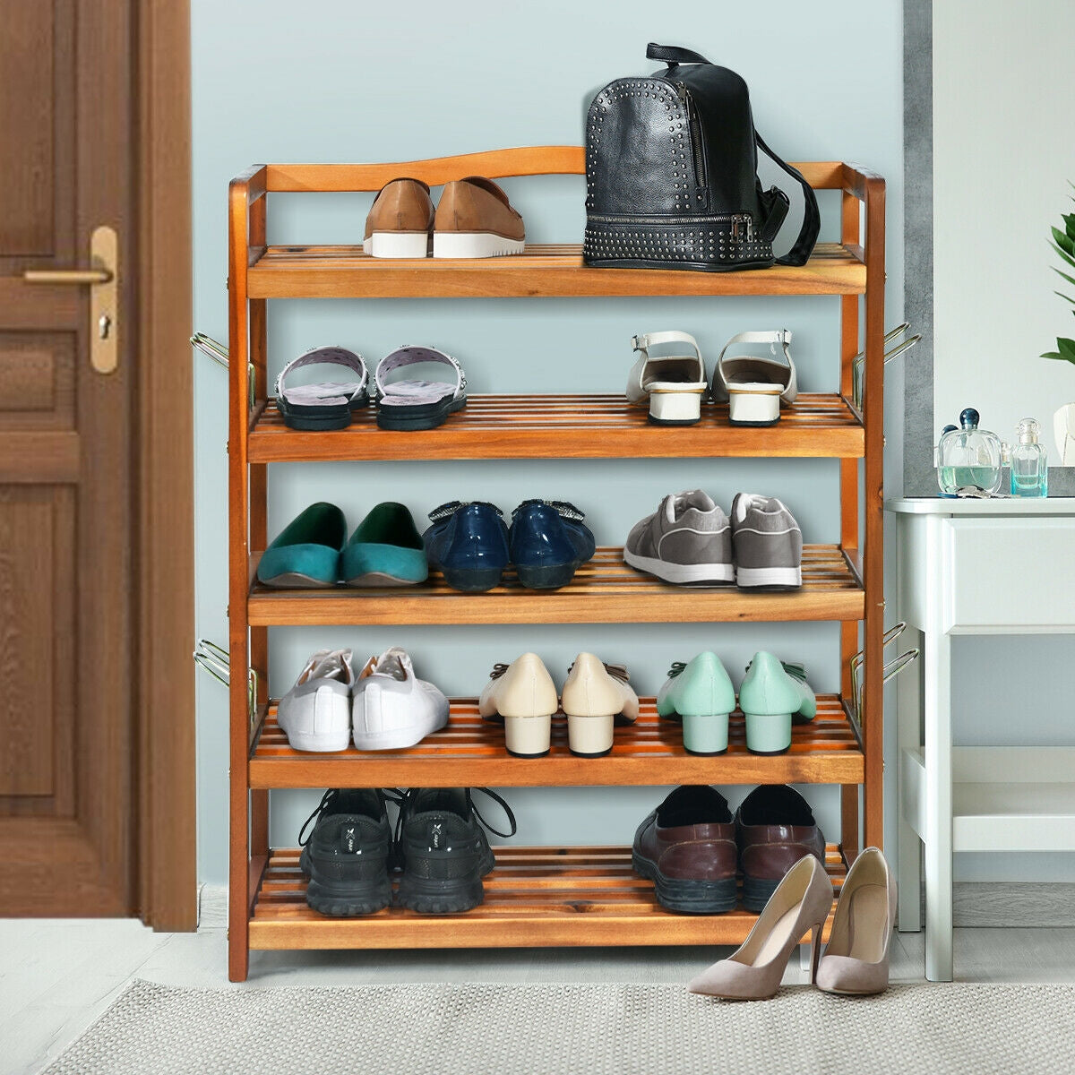 5-Tier Acacia Wood Shoe Rack With Side Metal Hooks, Natural Shoe Racks & Storage Benches at Gallery Canada