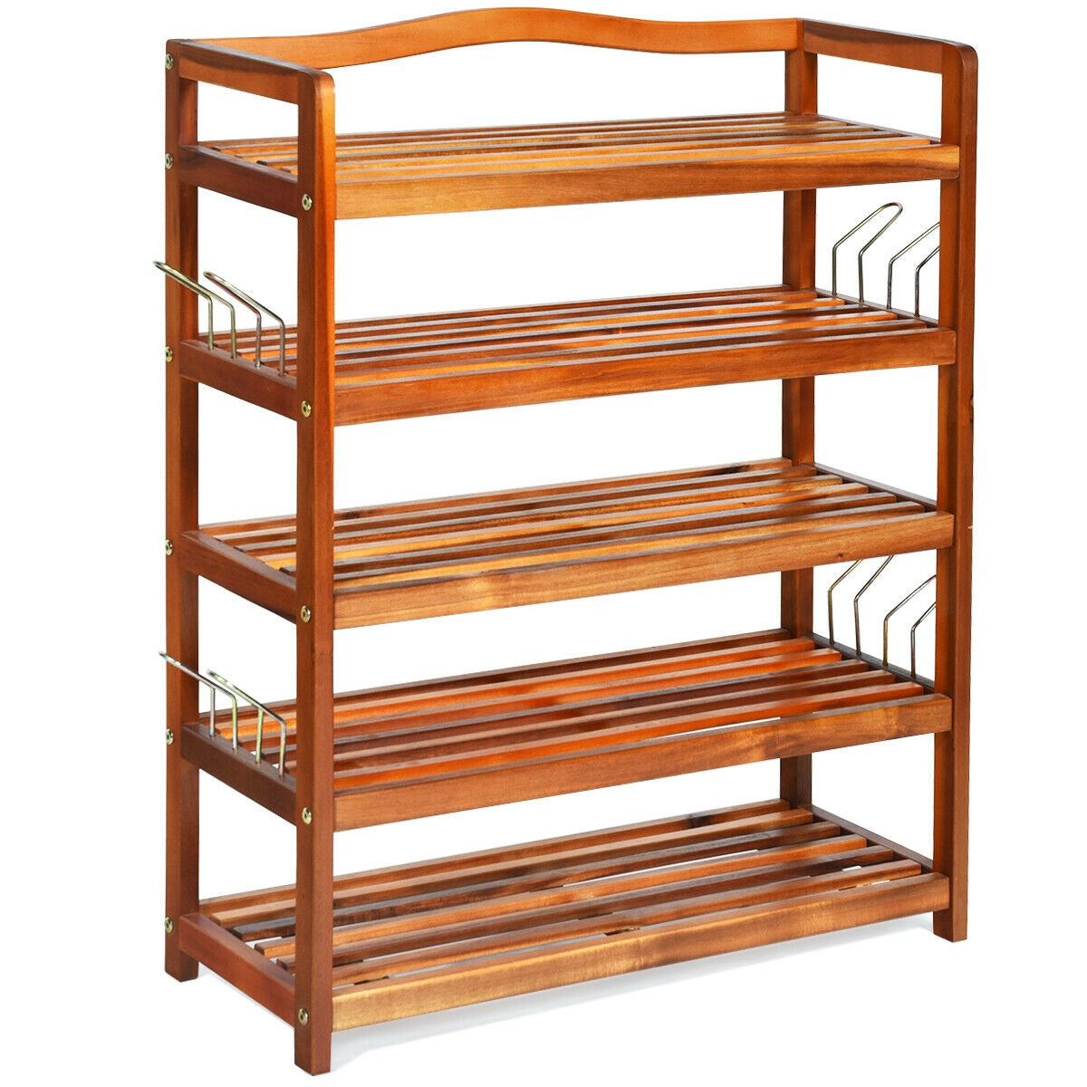 5-Tier Acacia Wood Shoe Rack With Side Metal Hooks, Natural Shoe Racks & Storage Benches Natural at Gallery Canada