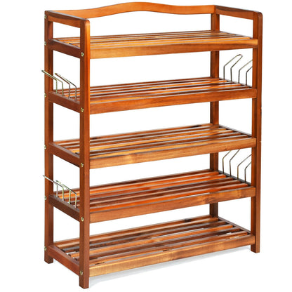 5-Tier Acacia Wood Shoe Rack With Side Metal Hooks, Natural Shoe Racks & Storage Benches Natural at Gallery Canada