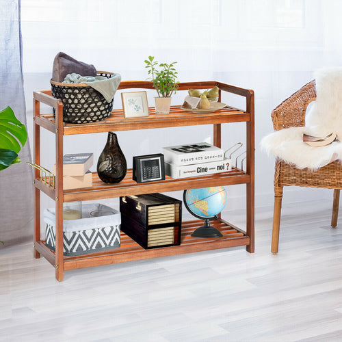 3-Tier Acacia Wood Shoe Rack, With Side Metal Hooks, Natural