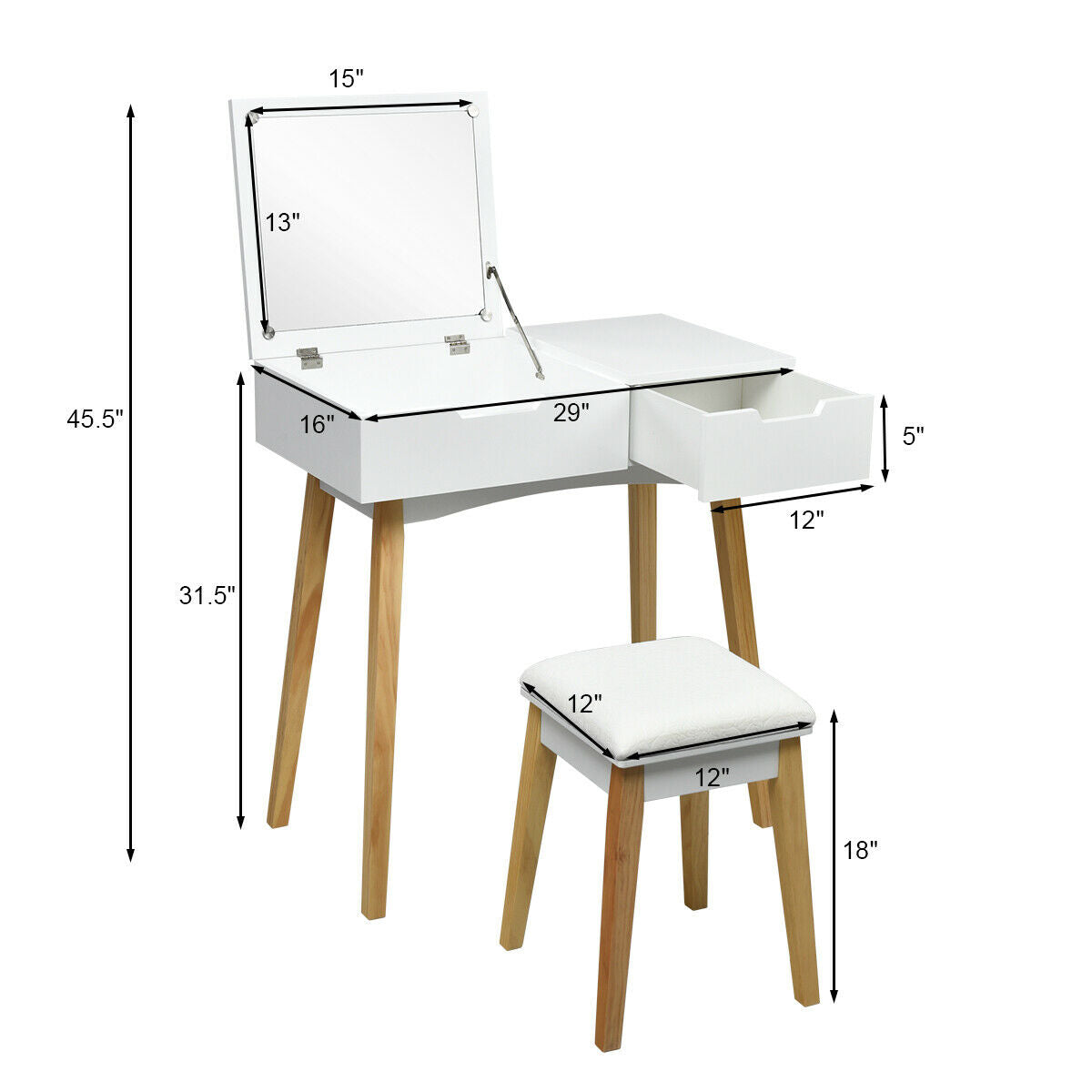 Wooden Vanity Table With Flip Top Mirror, Cushioned Stool, White Makeup Vanities at Gallery Canada