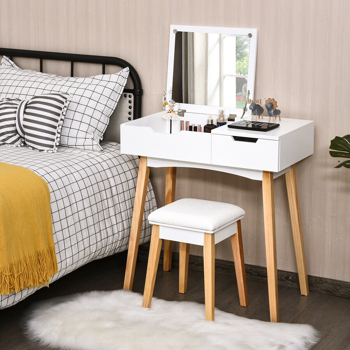 Wooden Vanity Table With Flip Top Mirror, Cushioned Stool, White Makeup Vanities at Gallery Canada