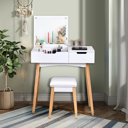 Wooden Vanity Table With Flip Top Mirror, Cushioned Stool, White Makeup Vanities at Gallery Canada