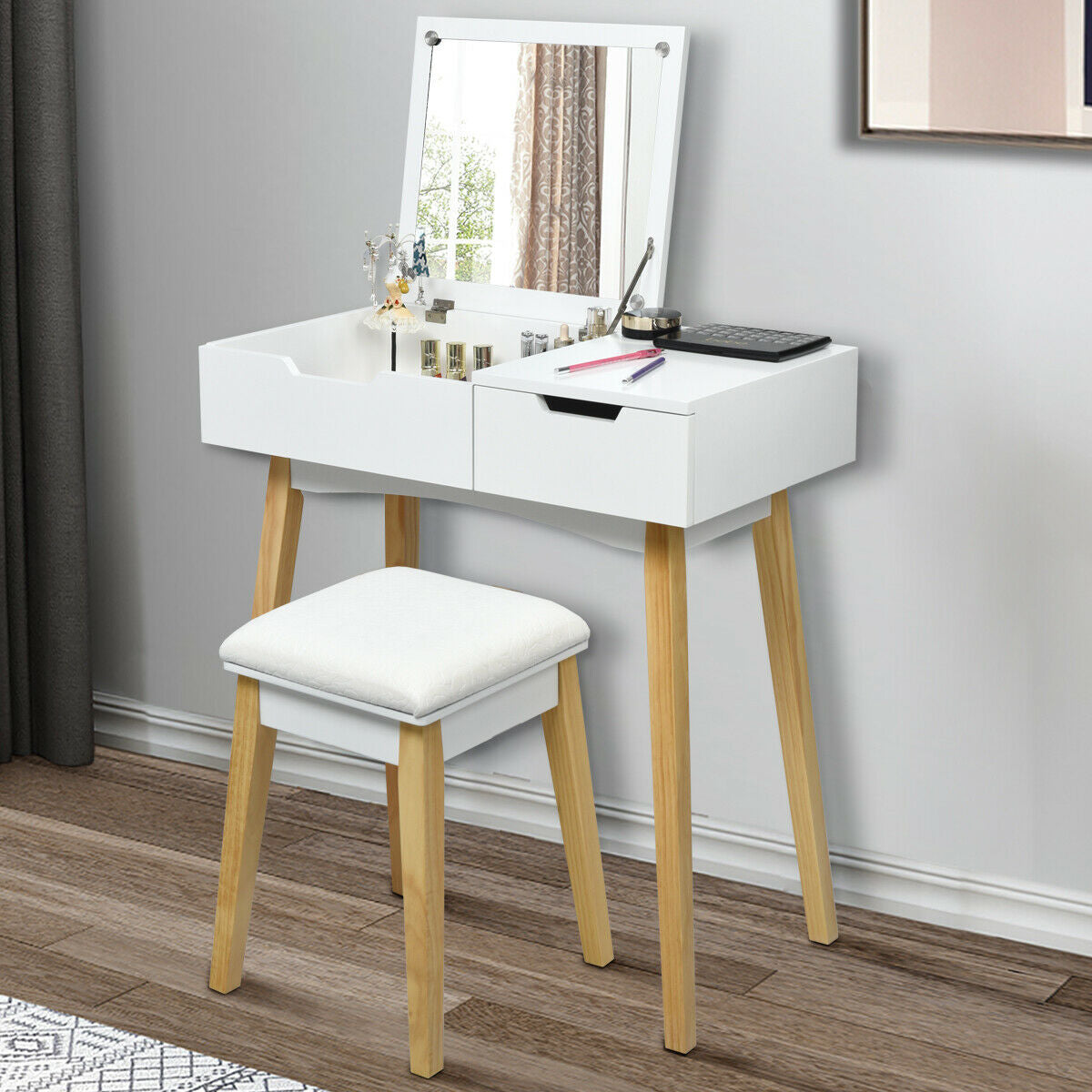 Wooden Vanity Table With Flip Top Mirror, Cushioned Stool, White Makeup Vanities at Gallery Canada