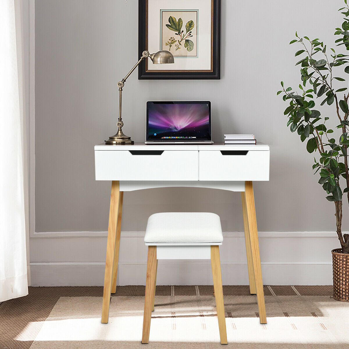 Wooden Vanity Table With Flip Top Mirror, Cushioned Stool, White Makeup Vanities at Gallery Canada