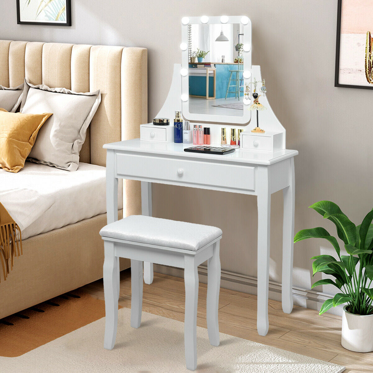 10 LED Lighted Mirror, 3 Drawers Vanity Table Set, White Makeup Vanities at Gallery Canada