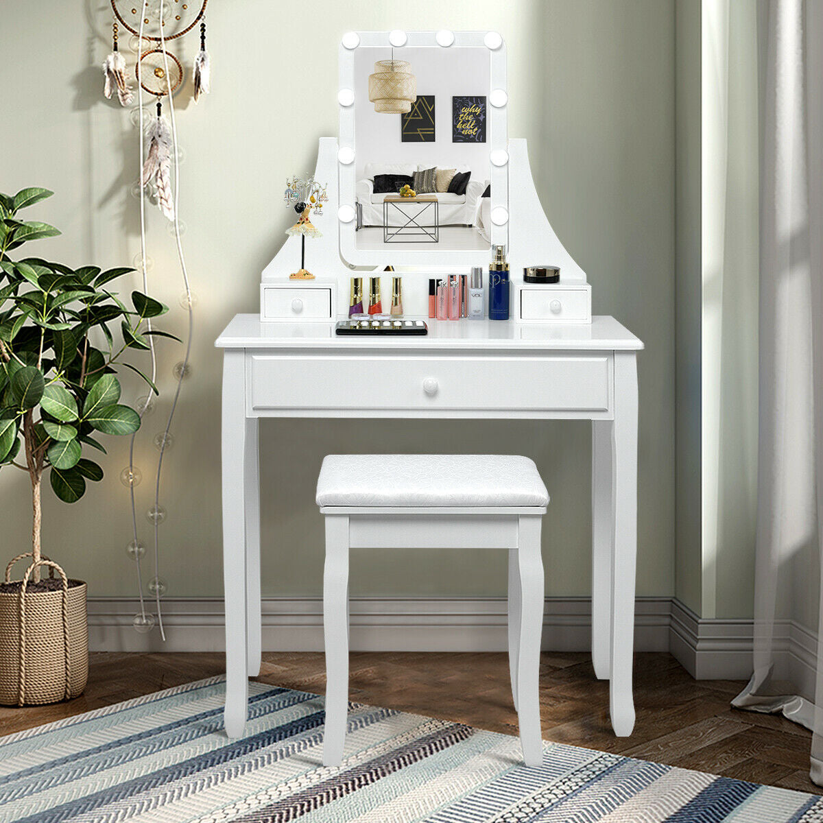 10 LED Lighted Mirror, 3 Drawers Vanity Table Set, White Makeup Vanities at Gallery Canada