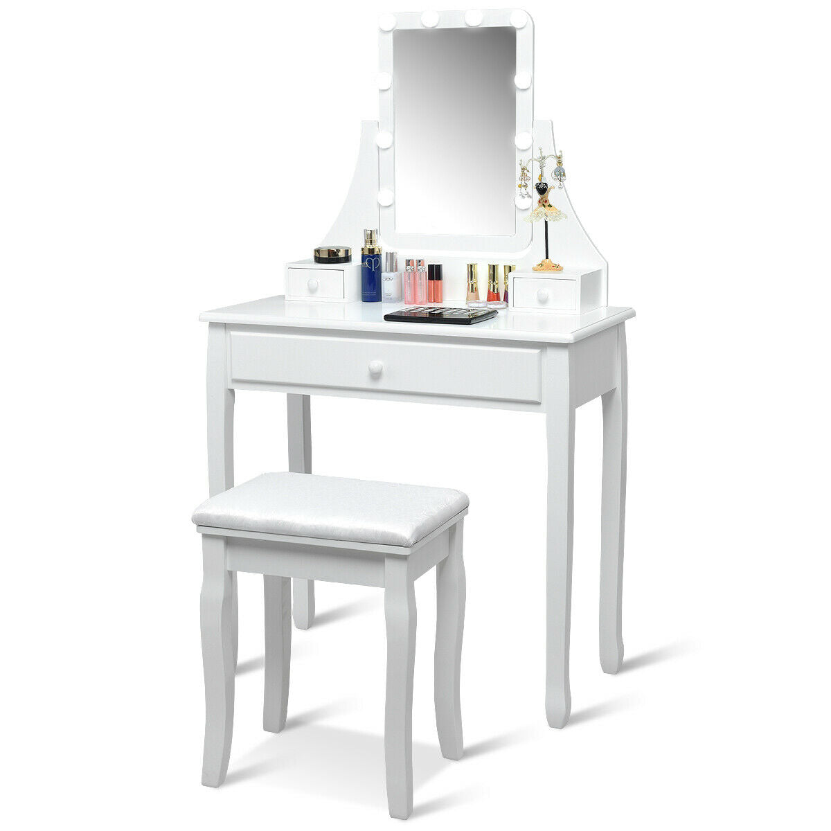 10 LED Lighted Mirror, 3 Drawers Vanity Table Set, White Makeup Vanities at Gallery Canada