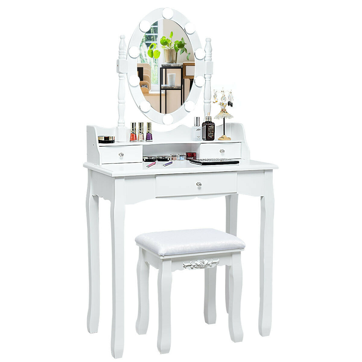 Oval Mirror Vanity Set With 10 LED Dimmable Bulbs, 3 Drawers, White Makeup Vanities at Gallery Canada
