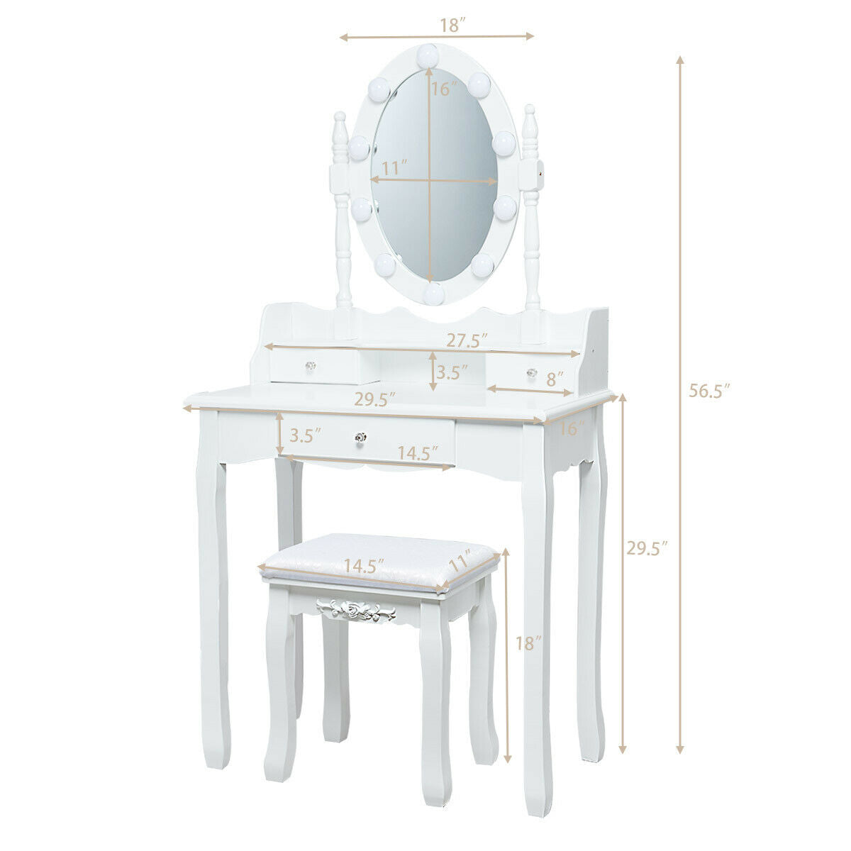 Oval Mirror Vanity Set With 10 LED Dimmable Bulbs, 3 Drawers, White Makeup Vanities at Gallery Canada