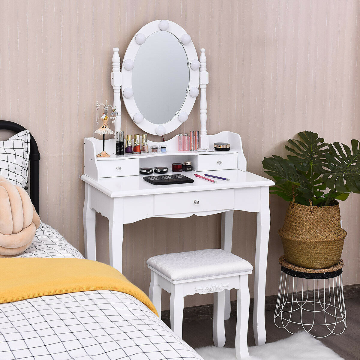 Oval Mirror Vanity Set With 10 LED Dimmable Bulbs, 3 Drawers, White Makeup Vanities at Gallery Canada