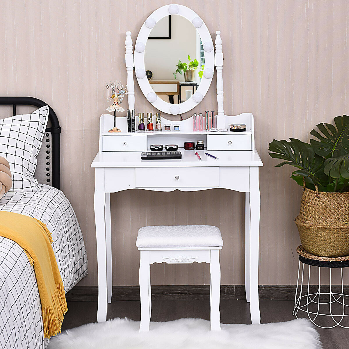 Oval Mirror Vanity Set With 10 LED Dimmable Bulbs, 3 Drawers, White Makeup Vanities at Gallery Canada