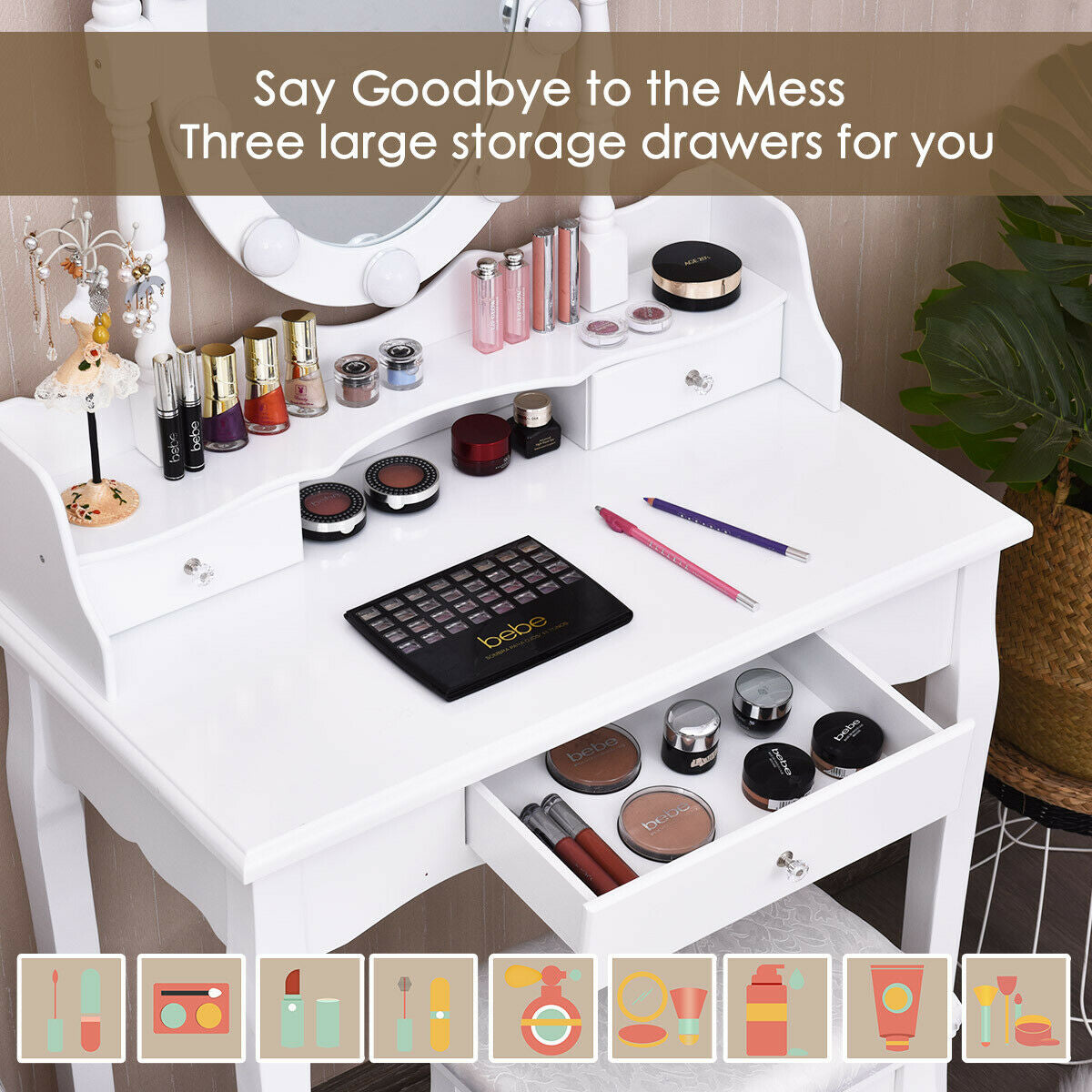 Oval Mirror Vanity Set With 10 LED Dimmable Bulbs, 3 Drawers, White Makeup Vanities at Gallery Canada