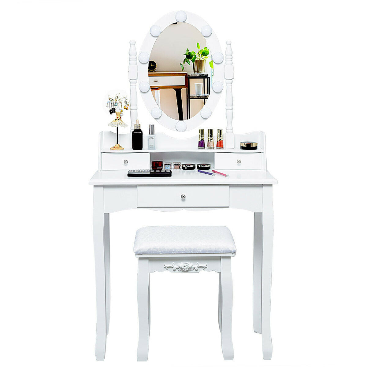 Oval Mirror Vanity Set With 10 LED Dimmable Bulbs, 3 Drawers, White Makeup Vanities at Gallery Canada