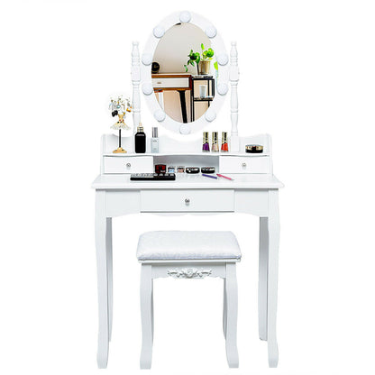 Oval Mirror Vanity Set With 10 LED Dimmable Bulbs, 3 Drawers, White Makeup Vanities at Gallery Canada