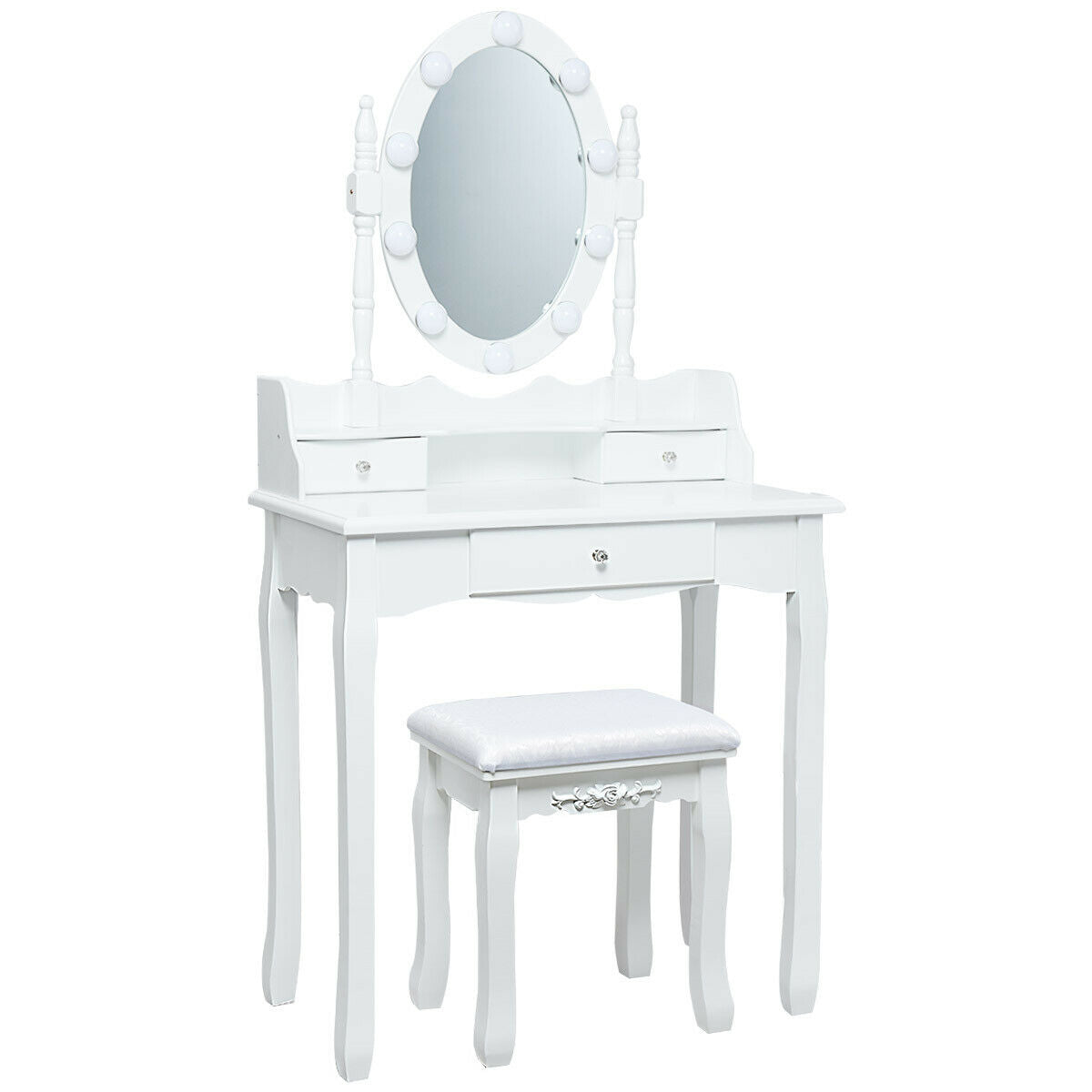Oval Mirror Vanity Set With 10 LED Dimmable Bulbs, 3 Drawers, White Makeup Vanities at Gallery Canada