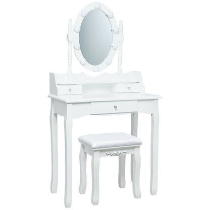 Oval Mirror Vanity Set With 10 LED Dimmable Bulbs, 3 Drawers, White Makeup Vanities at Gallery Canada