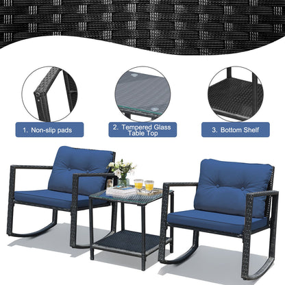 3 Pcs Patio Rattan Rocking Chair, Cushioned Sofa, Navy Patio Conversation Sets at Gallery Canada