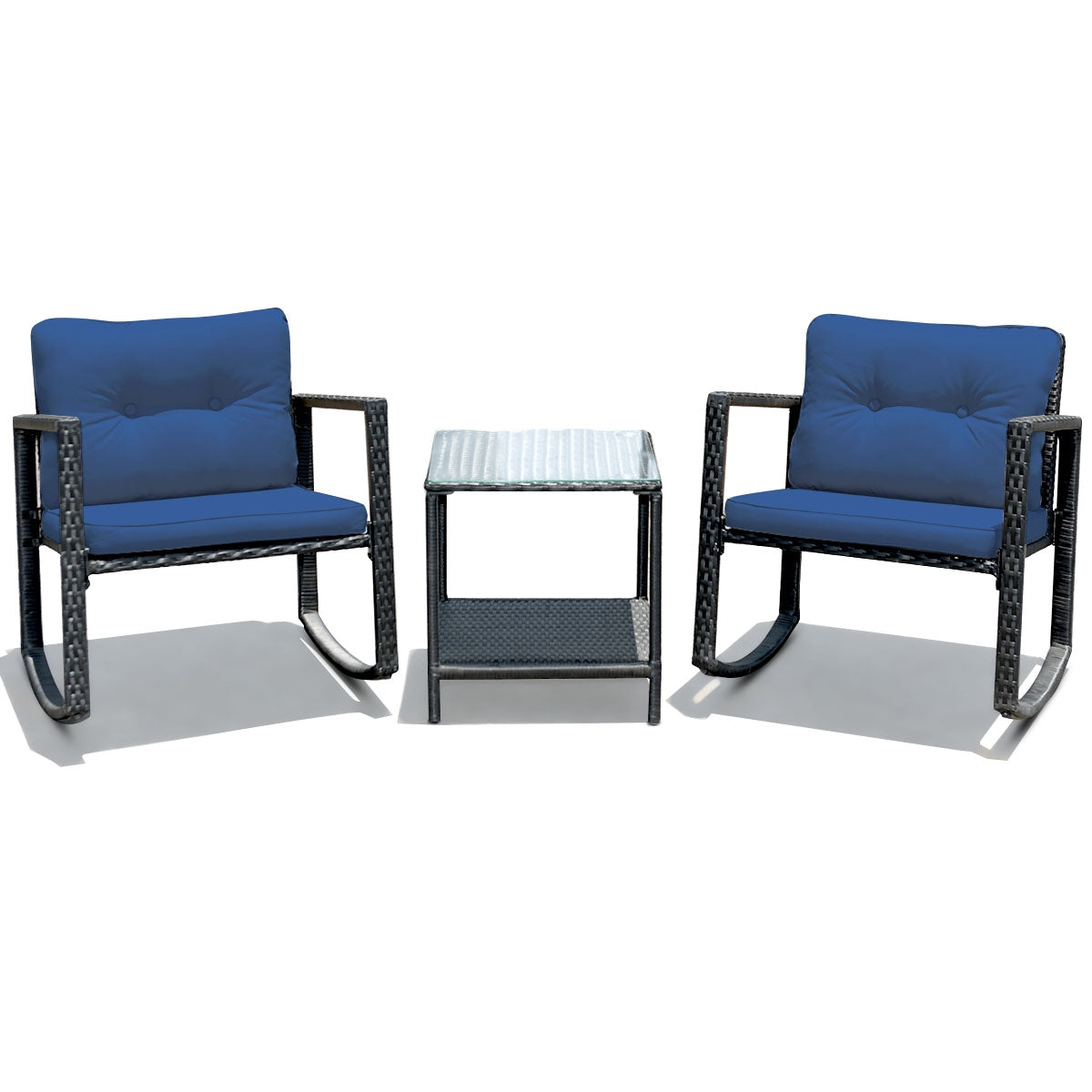 3 Pcs Patio Rattan Rocking Chair, Cushioned Sofa, Navy Patio Conversation Sets at Gallery Canada