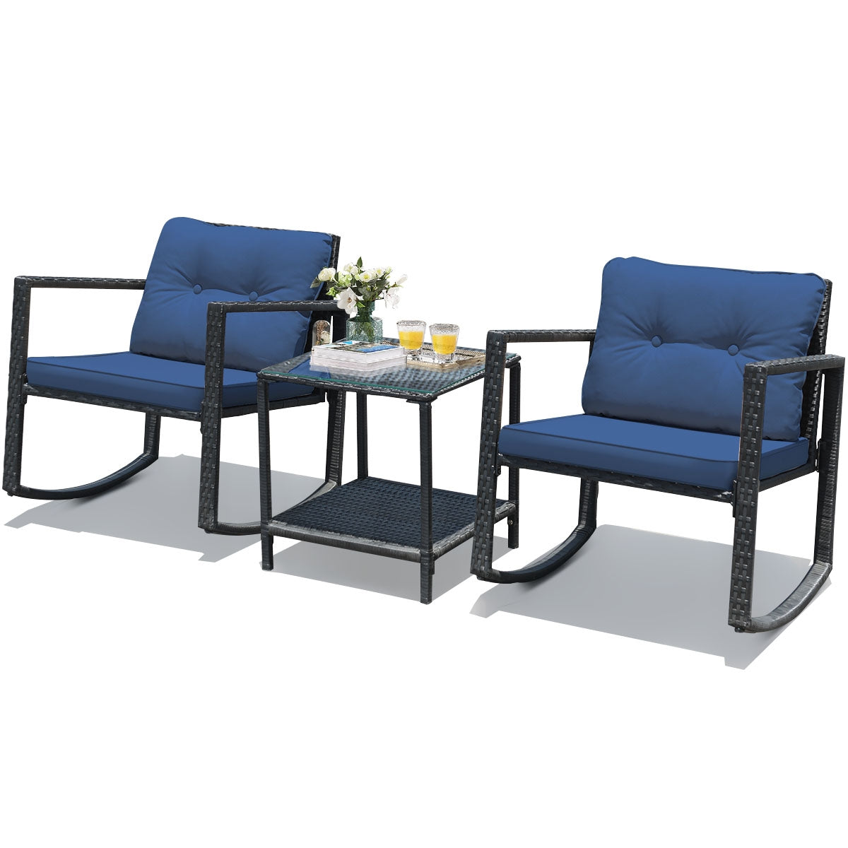 3 Pcs Patio Rattan Rocking Chair, Cushioned Sofa, Navy Patio Conversation Sets at Gallery Canada