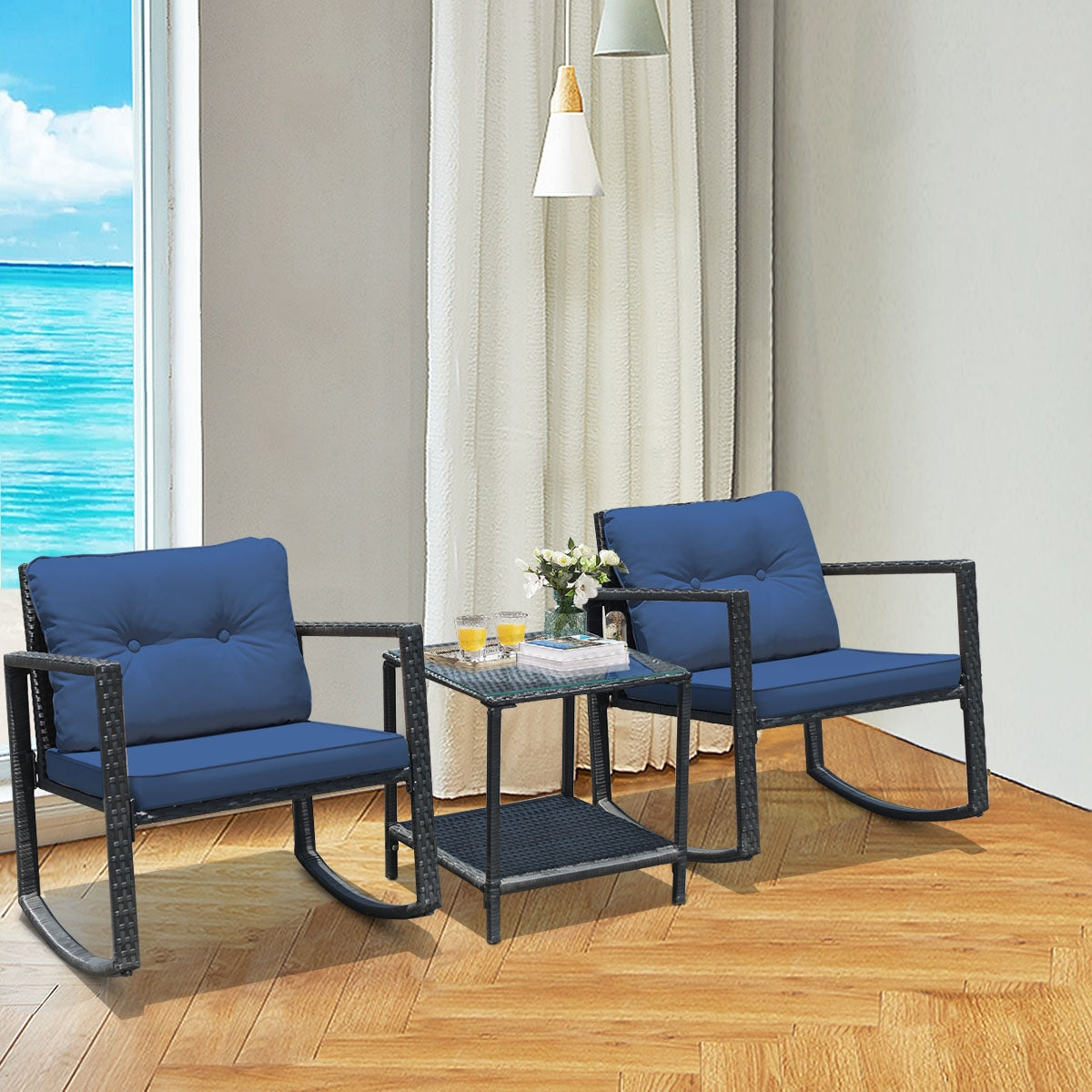 3 Pcs Patio Rattan Rocking Chair, Cushioned Sofa, Navy Patio Conversation Sets at Gallery Canada