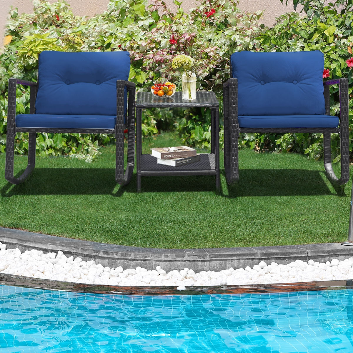 3 Pcs Patio Rattan Rocking Chair, Cushioned Sofa, Navy Patio Conversation Sets at Gallery Canada