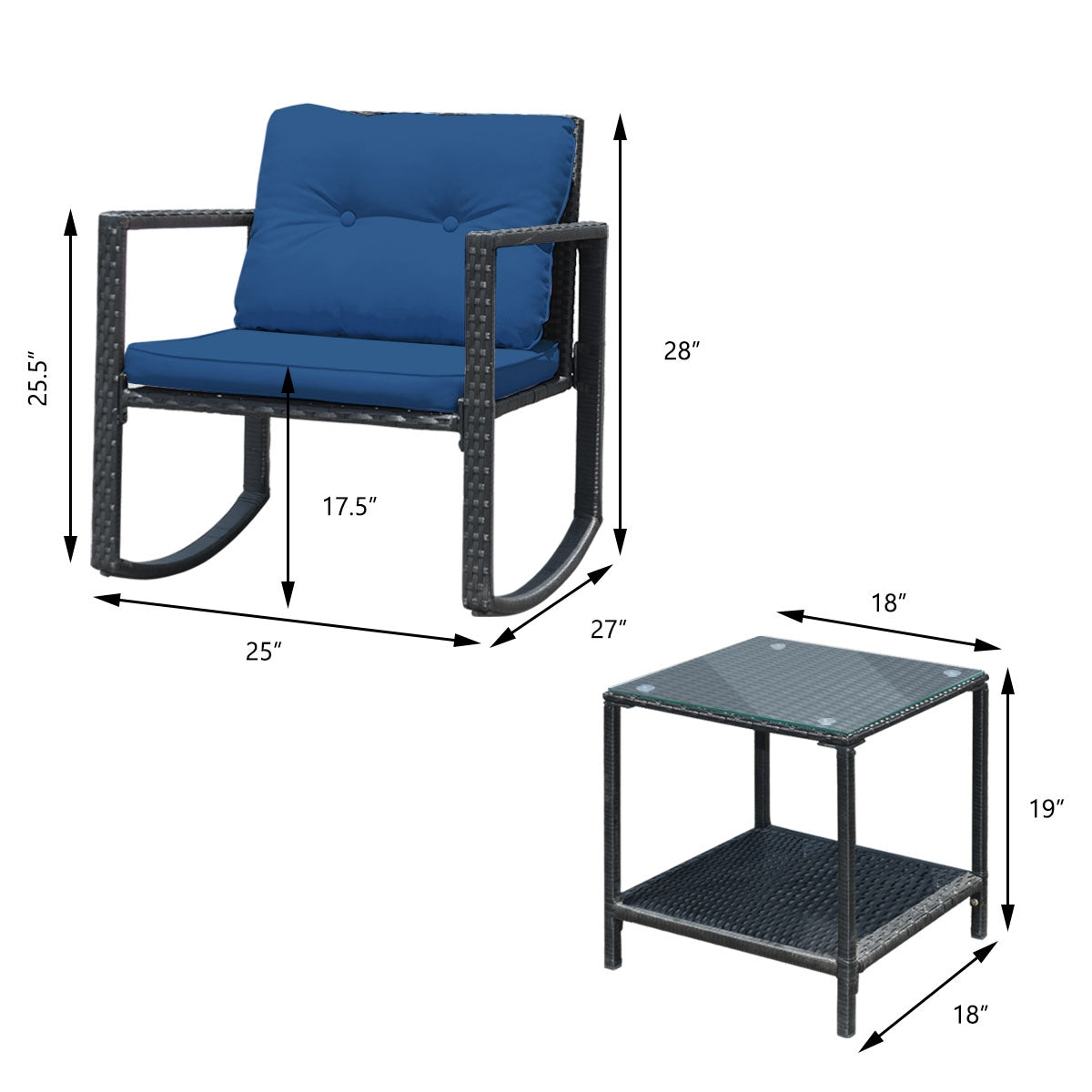 3 Pcs Patio Rattan Rocking Chair, Cushioned Sofa, Navy Patio Conversation Sets at Gallery Canada